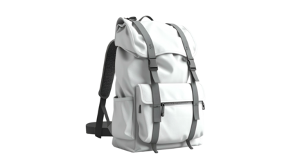 Modern backpack, white fabric with grey straps and buckles, isolated against a dark background