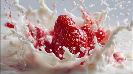 Vibrant red fruit plunges into white liquid creating a dynamic splash