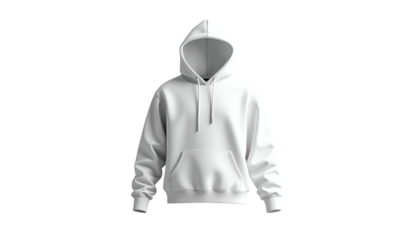 A front-facing isolated image of a pristine white hooded sweatshirt, soft and comfortable