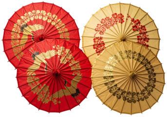 Exquisite vintage parasols showcasing iconic crane and floral motifs, perfect for elegant Asian-inspired designs or artistic cultural projects and heritage celebrations
