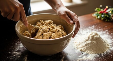 Hands mixing dough in a bowl with flour on a table