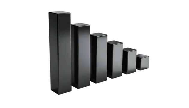 Six descending grey bar graphs, arranged in a decreasing sequence on a black backdrop