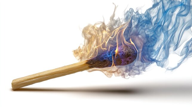 A lit match with blue and yellow flames and smoke, set against a white background. - Powered by Adobe