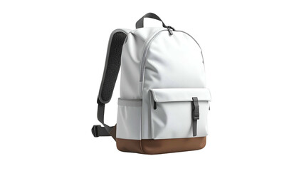 White and gray backpack with brown base, side pockets, and black straps against black