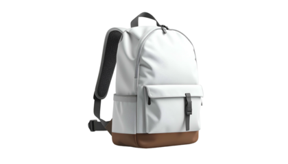 White and gray backpack with brown base, side pockets, and black straps against black