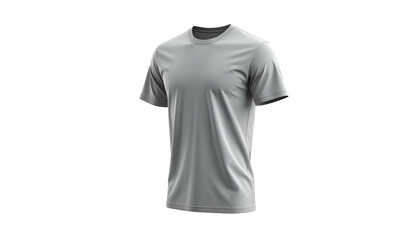 A digitally rendered, isolated, gray t-shirt. It has a round neck and short sleeves