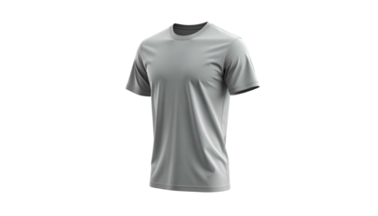 A digitally rendered, isolated, gray t-shirt. It has a round neck and short sleeves