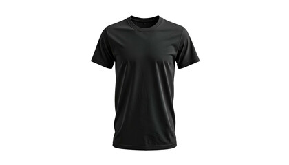 Isolated front-facing, form-fitting, black, crew-neck short-sleeve shirt against a dark background