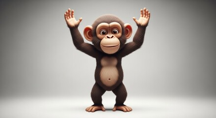 Cute 3D Cartoon Monkey Character with Arms Raised.
