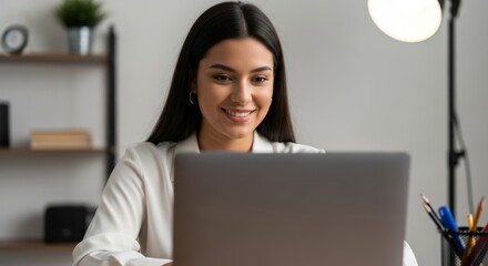 Young woman smiling while working on a laptop computer at her desk.