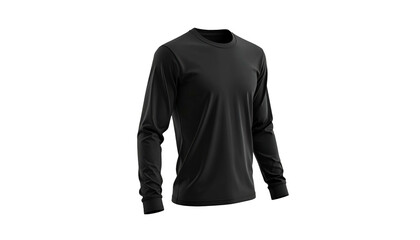 A black long-sleeved t-shirt isolated on a black background, slightly angled