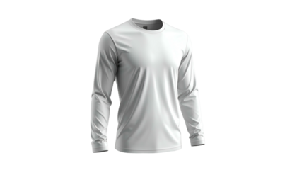 Isolated white long-sleeve tee on black backdrop, showcasing details of fabric and shape