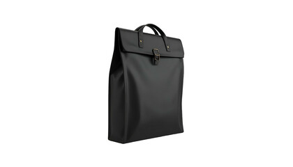 A sleek, black, rectangular briefcase-style bag with a handle and clasp, isolated on black