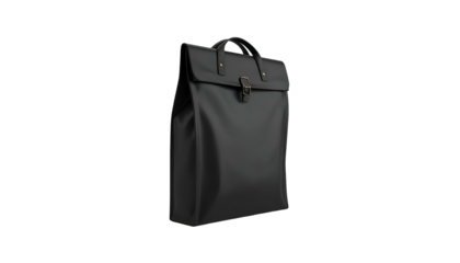 A sleek, black, rectangular briefcase-style bag with a handle and clasp, isolated on black