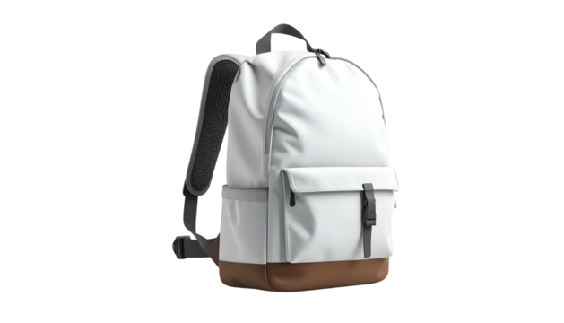 White and gray backpack with brown base, side pockets, and black straps against black