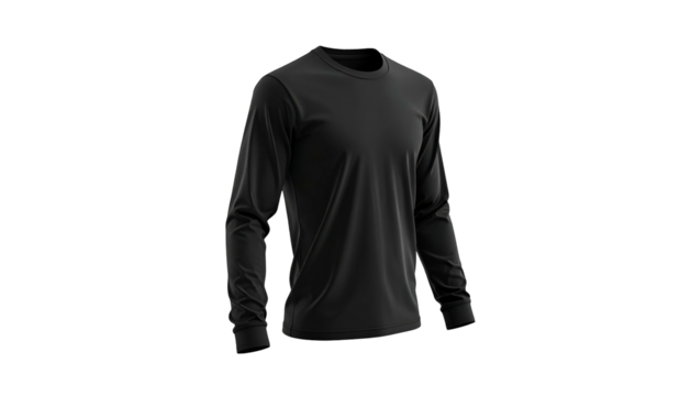 A black long-sleeved t-shirt isolated on a black background, slightly angled