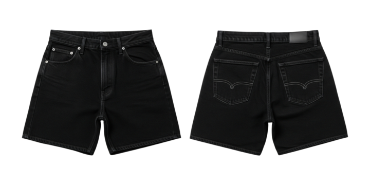 Black Denim Shorts Front and Back View Isolated on Transparent Background