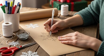 Person drawing on kraft paper with a silver pen surrounded by crafting tools on a wooden table
