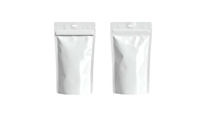 Two vertical white pouches, partially sealed, on black background, front and side views