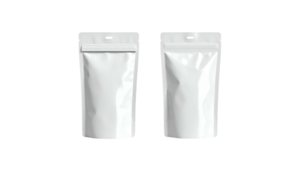 Two vertical white pouches, partially sealed, on black background, front and side views