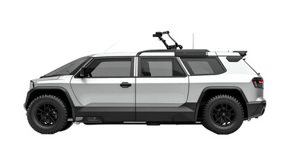 Side view of a modern, rugged, and boxy light gray SUV with off-road features