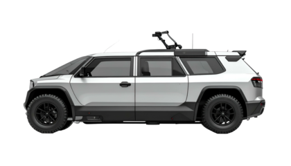 Side view of a modern, rugged, and boxy light gray SUV with off-road features