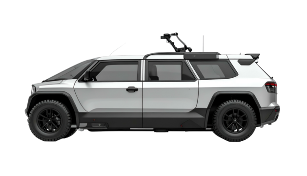 Side view of a modern, rugged, and boxy light gray SUV with off-road features - Powered by Adobe