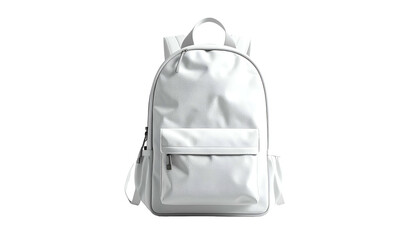 A pristine white backpack isolated on a black background, with rounded corners and a pocket