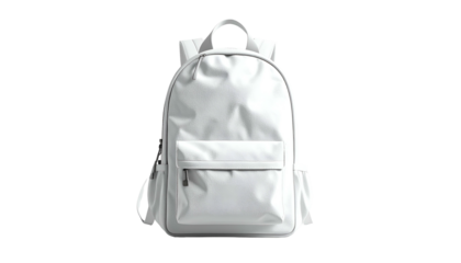 A pristine white backpack isolated on a black background, with rounded corners and a pocket