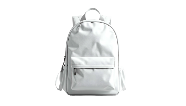 A pristine white backpack isolated on a black background, with rounded corners and a pocket