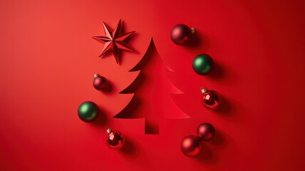 Christmas concept with red paper tree and festive decorations