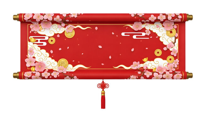 Celebrate Chinese New Year with this festive red scroll design featuring blooming cherry blossoms, golden accents, and traditional clouds, perfect for greetings - Powered by Adobe
