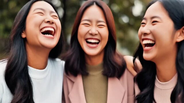 Three Joyful Young Asian Women Friends Laughing Out Loud Outdoors Together