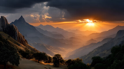 Stunning mountain range bathed in golden sunset light with dramatic clouds creating a sense of awe and adventure, perfect for travel and nature lovers