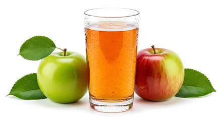 Glass of fresh apple juice with whole apples and green leaves