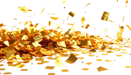 Gold confetti scatters against a black backdrop