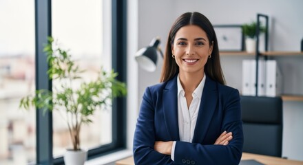 Professional Businesswoman Smiling Confidently in Office Setting.