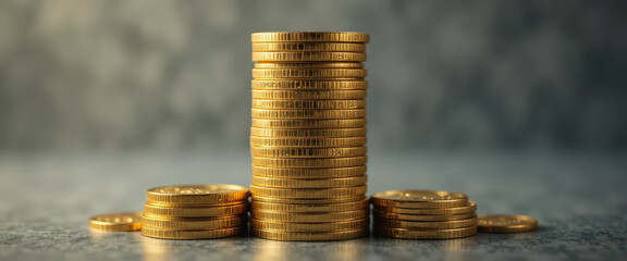 Stacked gold coins financial investment indoor setting macro photography glimmering wealth concept