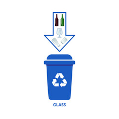 Trash can recycle on  transparent background. Blue trashcan for glass waste recycling illustration. Modern design of garbage segregation recycling for brochure, poster, banner, advertise