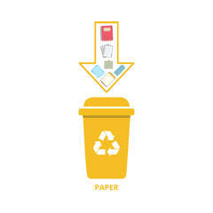 Trash can on transparent background. Yellow trashcan fpr paper waste recycling illustration. Modern design of garbage segregation recycling for brochure, poster, banner, advertise