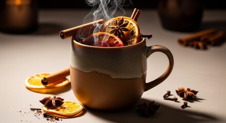 Cozy Hot Drink with Spices and Citrus Slices.