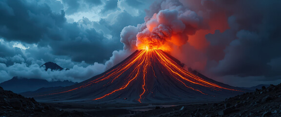 Volcanic eruption shows powerful lava flow mountainous region nature photography dramatic skies captivating view of nature's fury