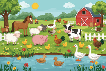 Cartoon farm scene with animals, red barn background, green grass and pond, sunny day illustration, rural lifestyle, nature environment, educational countryside artwork
