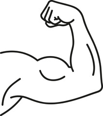 Cartoon flexed arm, strong bicep illustration, black and white line drawing, fitness symbol vector, muscular pose clipart, empowerment theme, strength icon, bold style