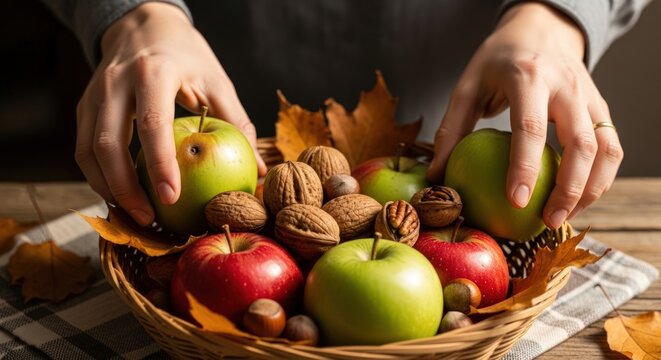 Hands arranging apples and nuts in a wicker bowl on a wooden table with autumn leaves
