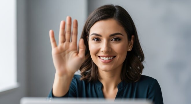Young Woman Waving Hello and Smiling Friendly.