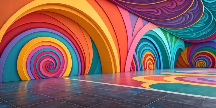 Vibrant Psychedelic Dreamscape Background with 3D Arches, Mountains, and Checkerboard Floor