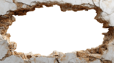 Large hole in old damaged wall with crumbling edges, isolated on transparent background