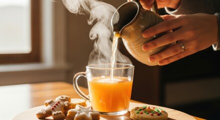 Close-up of hands pouring tea into a steaming mug on a wooden table with pastries near a window.