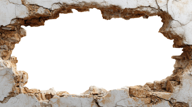 Large hole in old damaged wall with crumbling edges, isolated on transparent background